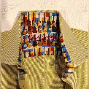 Robert Graham Men Tan White Stripes Flip Cuff-Guitar print Dress Shirt Size XL